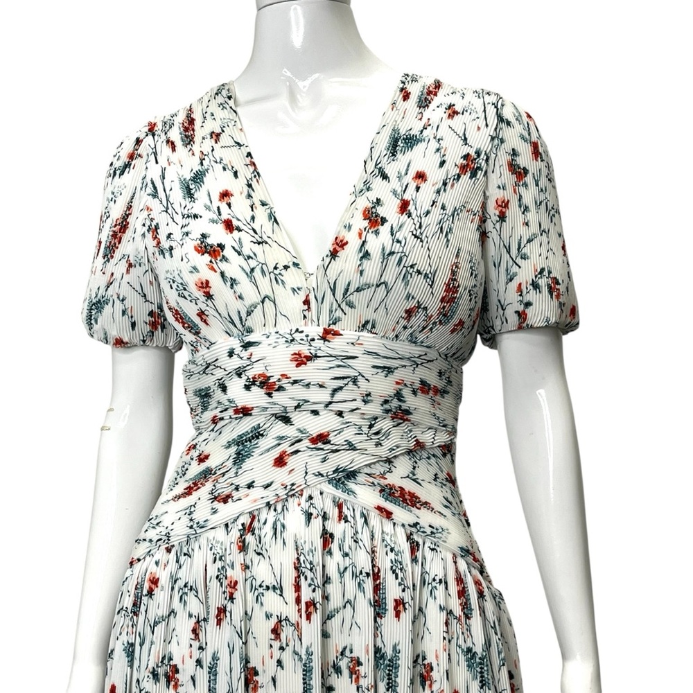 Maje Raison Pleated White Multi Floral Fit & Flair Puff Sleeve Mini Dress Sz 2